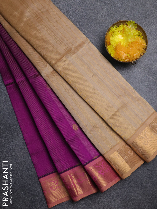 Silk cotton saree purple and sandal with allover vairosi pattern & buttas and elephant zari woven border