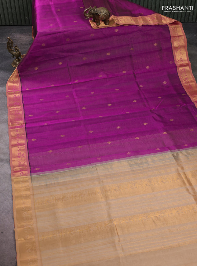 Silk cotton saree purple and sandal with allover vairosi pattern & buttas and elephant zari woven border