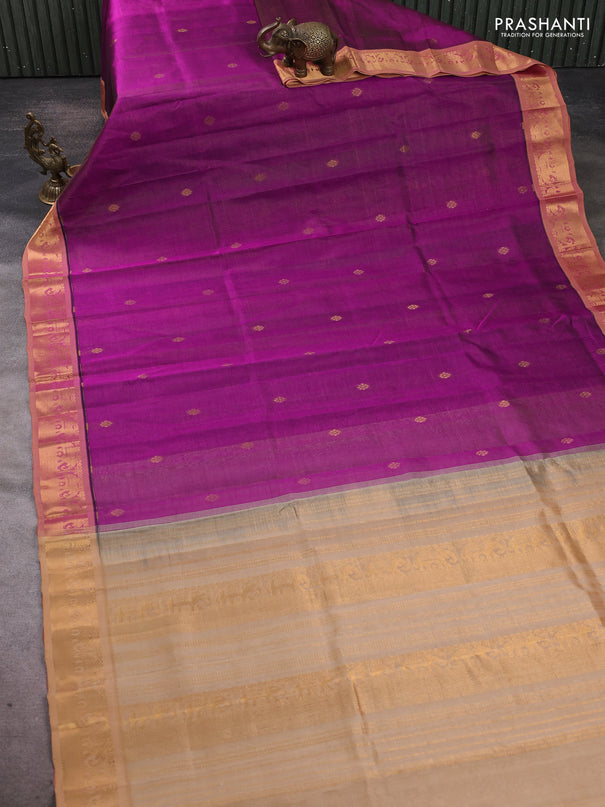 Silk cotton saree purple and sandal with allover vairosi pattern & buttas and elephant zari woven border