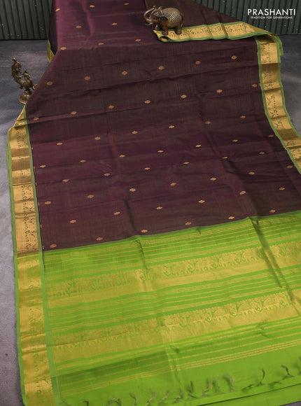 Silk cotton saree wine shade and light green with allover vairosi pattern & buttas and elephant zari woven border