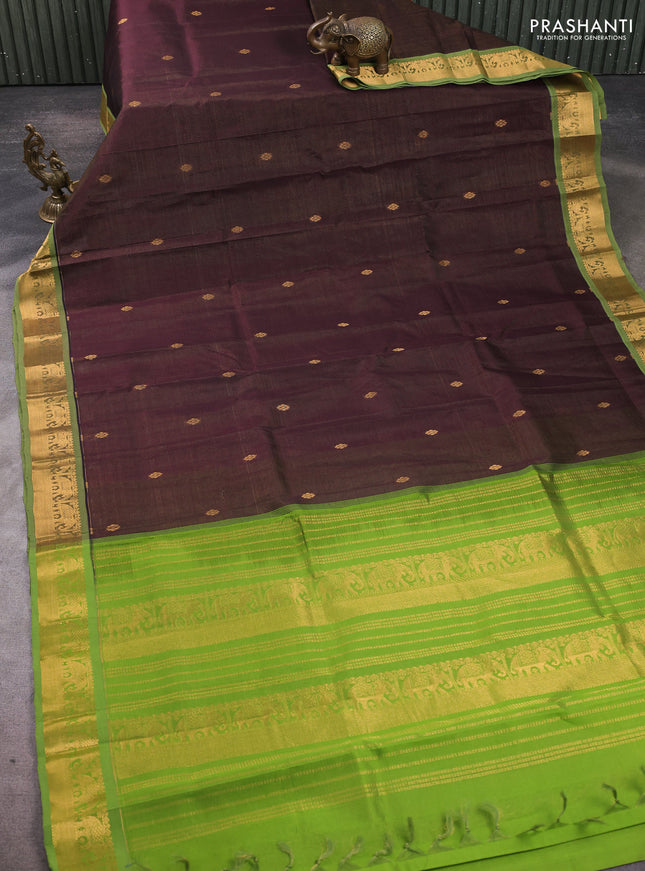 Silk cotton saree wine shade and light green with allover vairosi pattern & buttas and elephant zari woven border