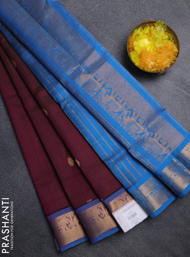 Silk cotton saree deep purple and cs blue with allover vairosi pattern & buttas and elephant zari woven border