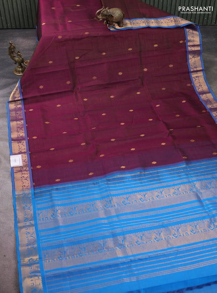Silk cotton saree deep purple and cs blue with allover vairosi pattern & buttas and elephant zari woven border