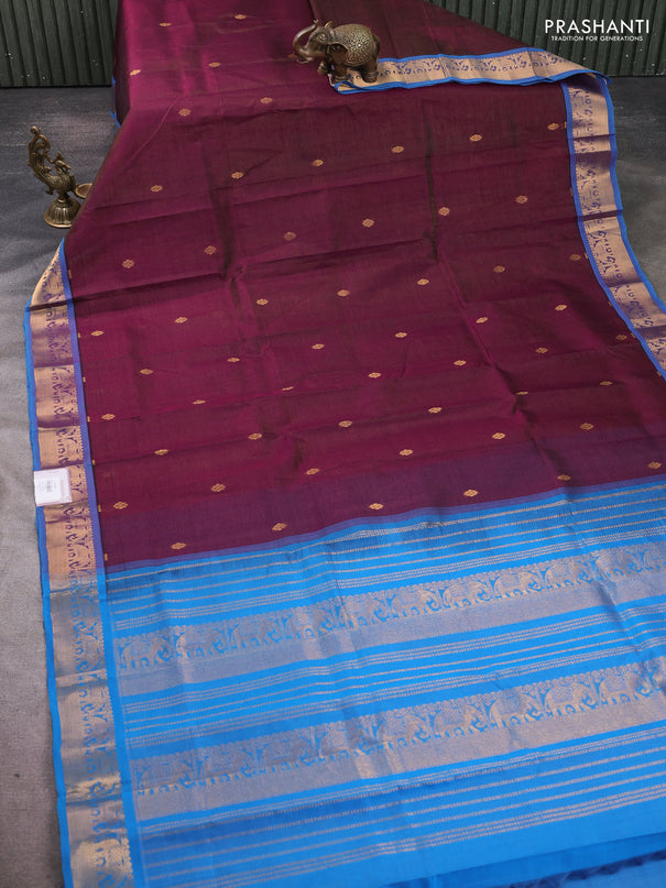 Silk cotton saree deep purple and cs blue with allover vairosi pattern & buttas and elephant zari woven border
