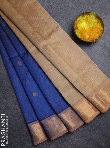 Silk cotton saree peacock blue and sandal with allover vairosi pattern & buttas and elephant zari woven border