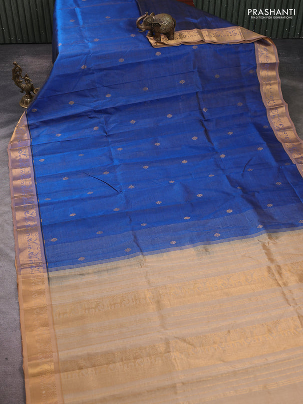 Silk cotton saree peacock blue and sandal with allover vairosi pattern & buttas and elephant zari woven border