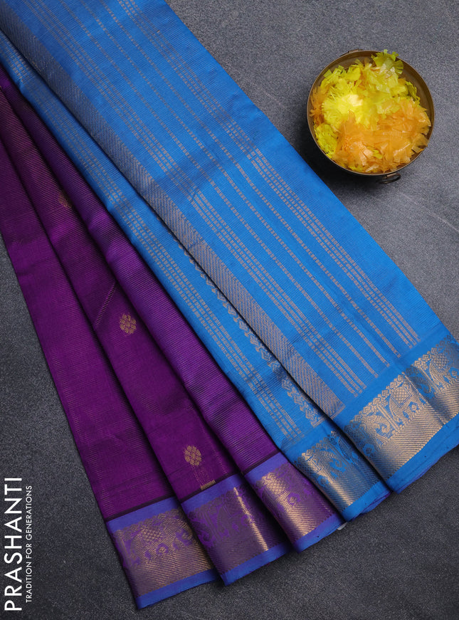 Silk cotton saree purple and cs blue with allover vairosi pattern & buttas and elephant zari woven border