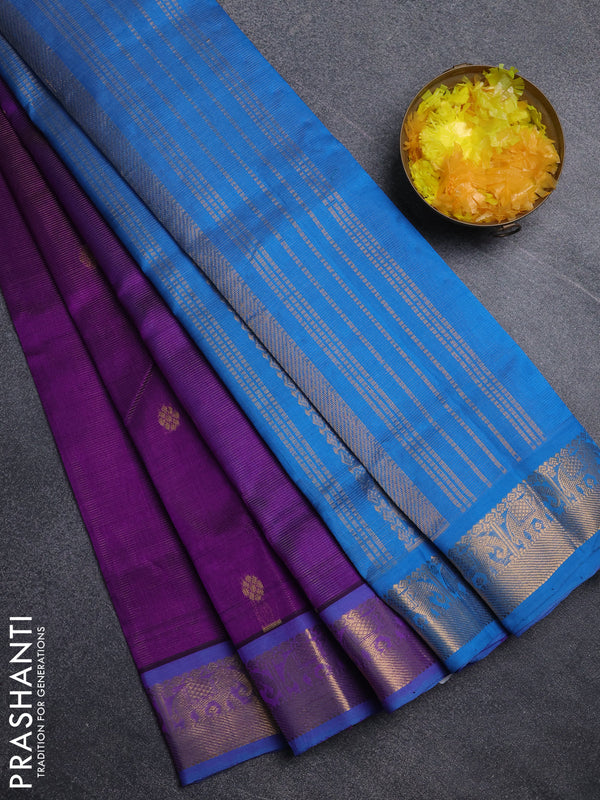 Silk cotton saree purple and cs blue with allover vairosi pattern & buttas and elephant zari woven border