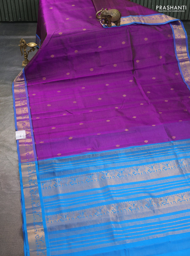 Silk cotton saree purple and cs blue with allover vairosi pattern & buttas and elephant zari woven border