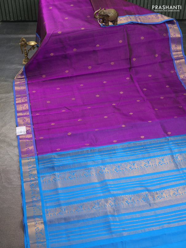 Silk cotton saree purple and cs blue with allover vairosi pattern & buttas and elephant zari woven border