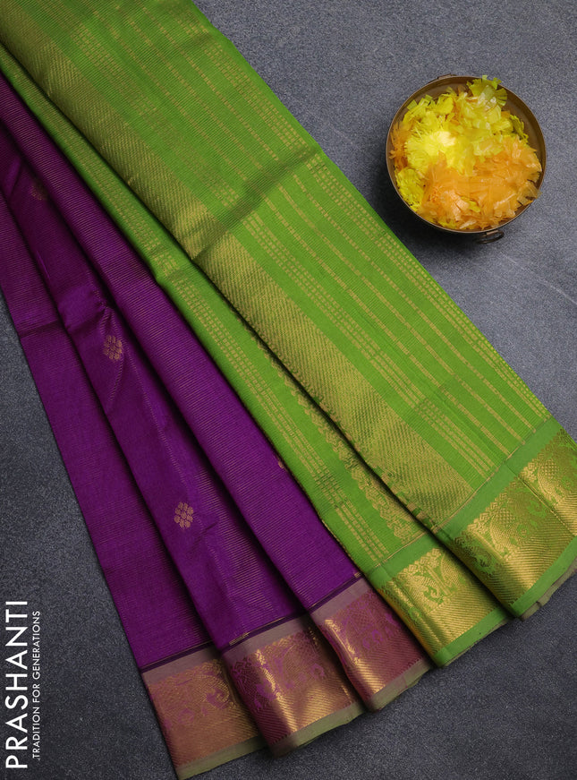 Silk cotton saree purple and light green with allover vairosi pattern & buttas and elephant zari woven border