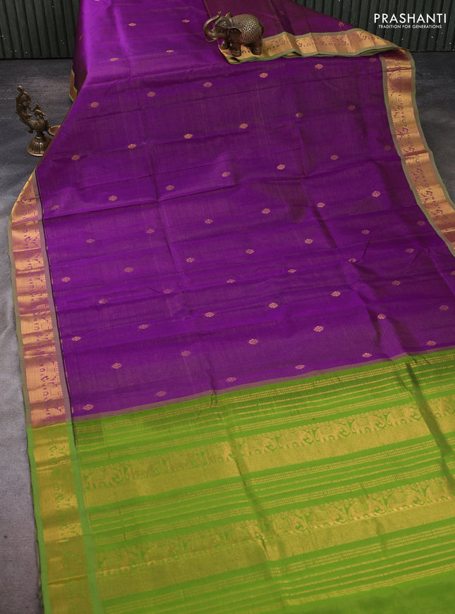 Silk cotton saree purple and light green with allover vairosi pattern & buttas and elephant zari woven border