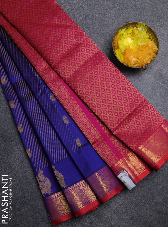 Silk cotton saree blue and pink with allover vairosi pattern & buttas and annam zari woven border
