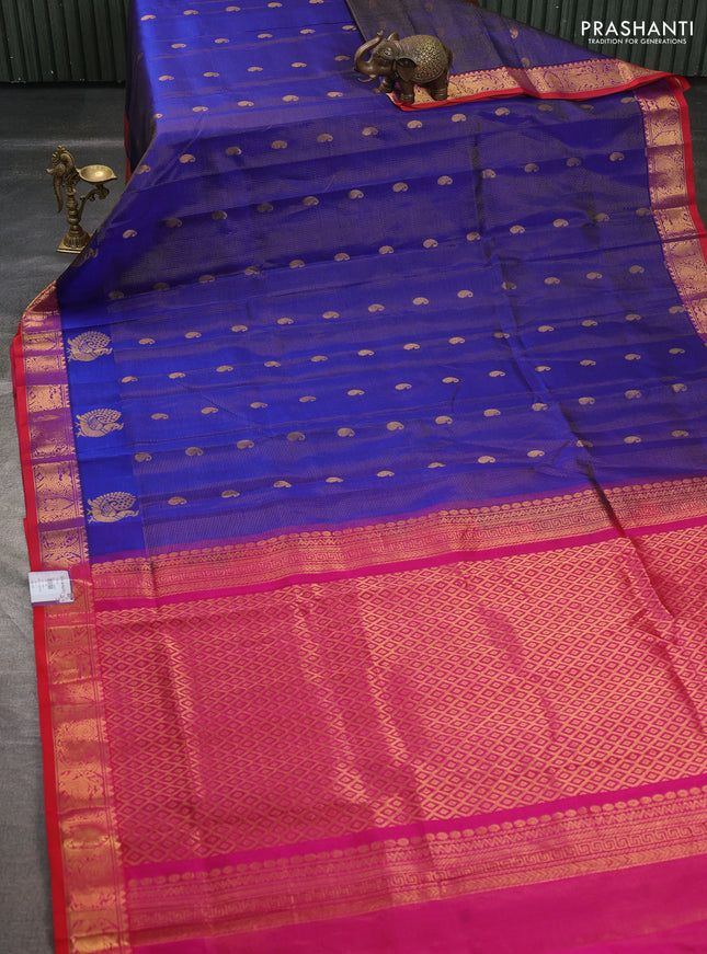 Silk cotton saree blue and pink with allover vairosi pattern & buttas and annam zari woven border