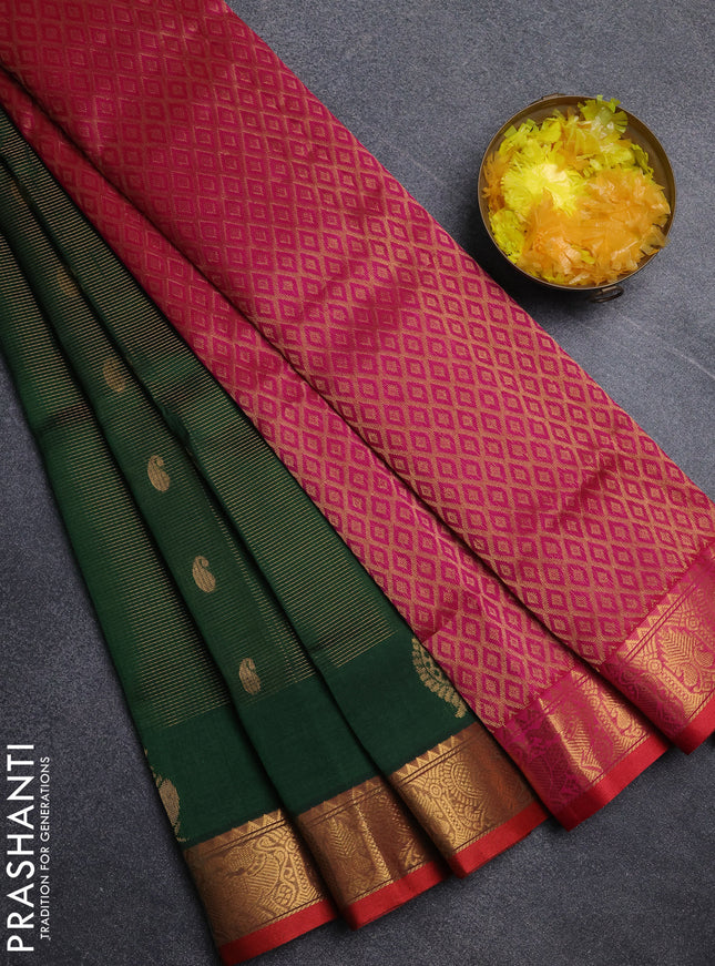 Silk cotton saree bottle green and pink with allover vairosi pattern & buttas and annam zari woven border