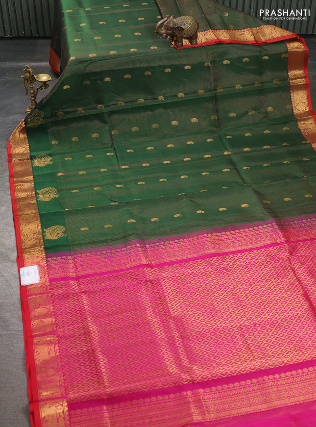 Silk cotton saree bottle green and pink with allover vairosi pattern & buttas and annam zari woven border