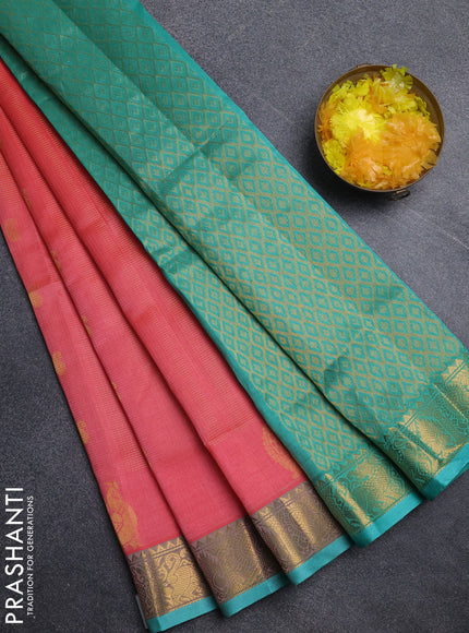 Silk cotton saree peach shade and teal green with allover vairosi pattern & buttas and annam zari woven border