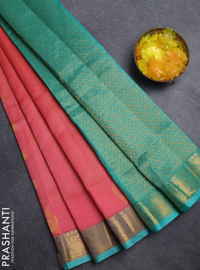 Silk cotton saree peach shade and teal green with allover vairosi pattern & buttas and annam zari woven border