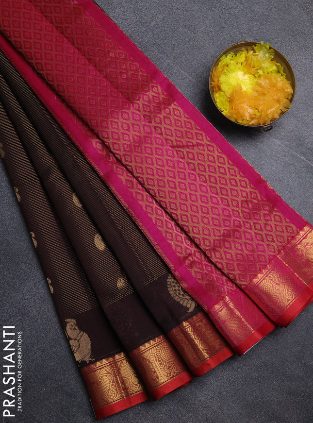 Silk cotton saree coffee brown and dark pink with allover vairosi pattern & buttas and annam zari woven border