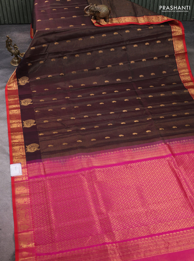 Silk cotton saree coffee brown and dark pink with allover vairosi pattern & buttas and annam zari woven border