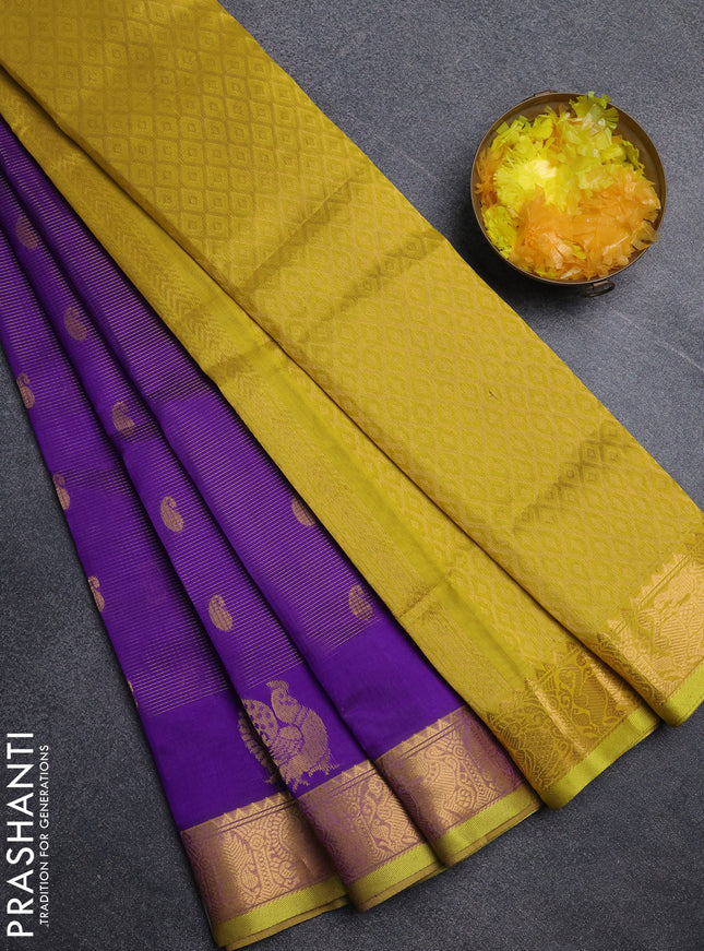 Silk cotton saree purple and mustard yellow with allover vairosi pattern & buttas and annam zari woven border