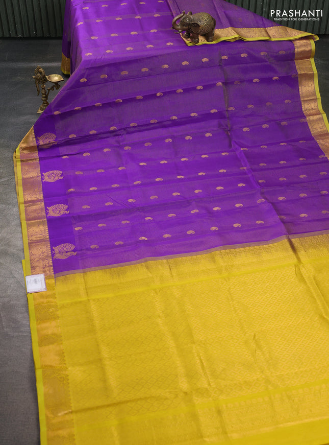 Silk cotton saree purple and mustard yellow with allover vairosi pattern & buttas and annam zari woven border