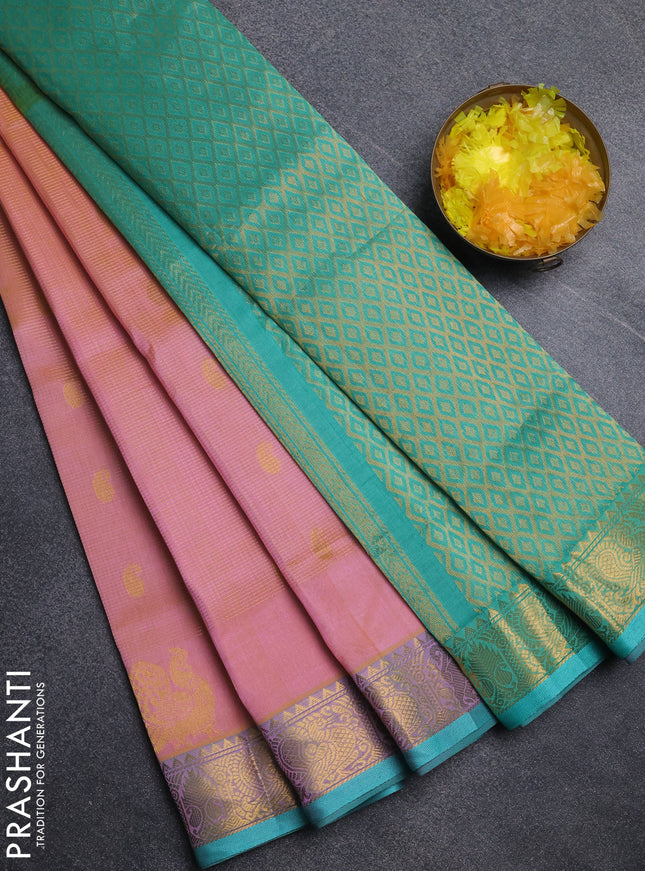 Silk cotton saree dual shaade of pinkish yellow and teal green with allover vairosi pattern & buttas and annam zari woven border