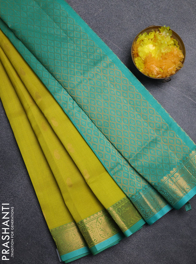 Silk cotton saree lime green and teal green with allover vairosi pattern & buttas and annam zari woven border