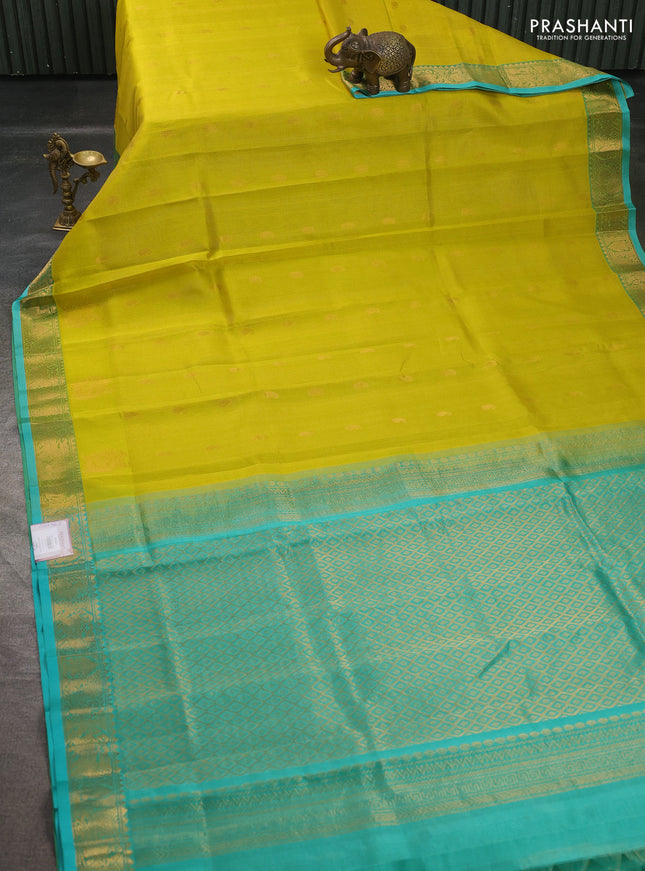 Silk cotton saree lime green and teal green with allover vairosi pattern & buttas and annam zari woven border