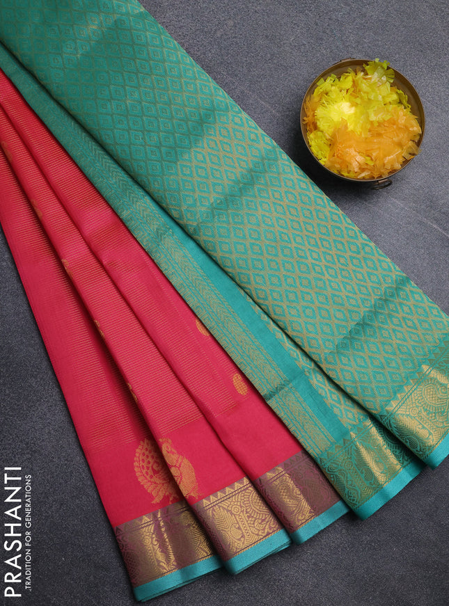 Silk cotton saree candy pink and teal green with allover vairosi pattern & buttas and annam zari woven border