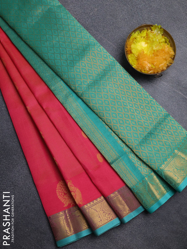 Silk cotton saree candy pink and teal green with allover vairosi pattern & buttas and annam zari woven border