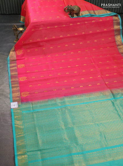 Silk cotton saree candy pink and teal green with allover vairosi pattern & buttas and annam zari woven border