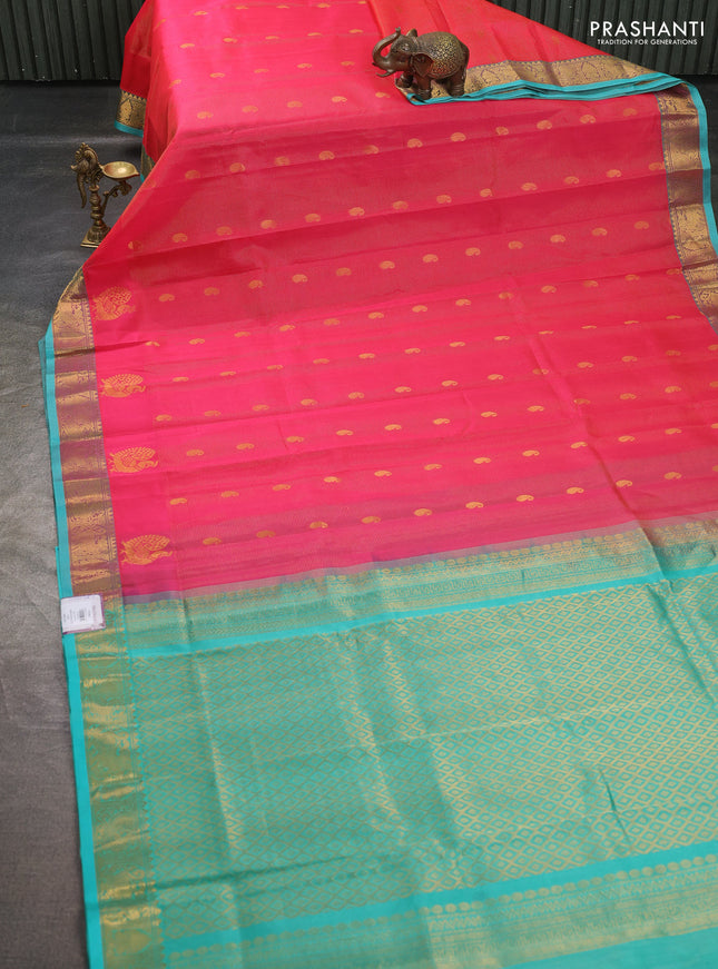 Silk cotton saree candy pink and teal green with allover vairosi pattern & buttas and annam zari woven border