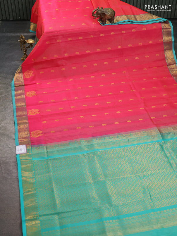 Silk cotton saree candy pink and teal green with allover vairosi pattern & buttas and annam zari woven border