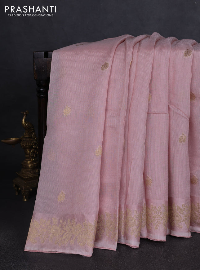 Silk kota saree mild peach pink with zari woven buttas and floral zari woven border