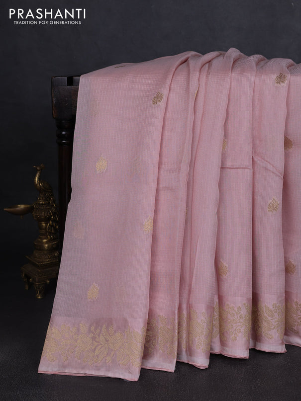 Silk kota saree mild peach pink with zari woven buttas and floral zari woven border