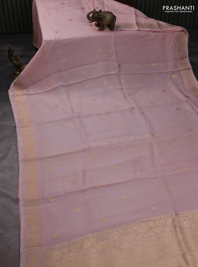 Silk kota saree mild peach pink with zari woven buttas and floral zari woven border