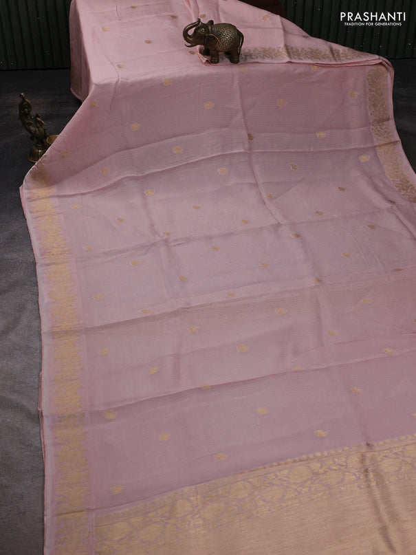 Silk kota saree mild peach pink with zari woven buttas and floral zari woven border
