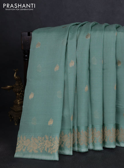 Silk kota saree teal green with zari woven buttas and floral zari woven border