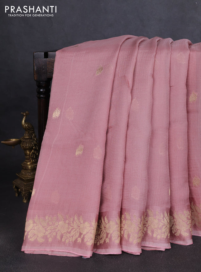Silk kota saree mild peach pink with zari woven buttas and floral zari woven border