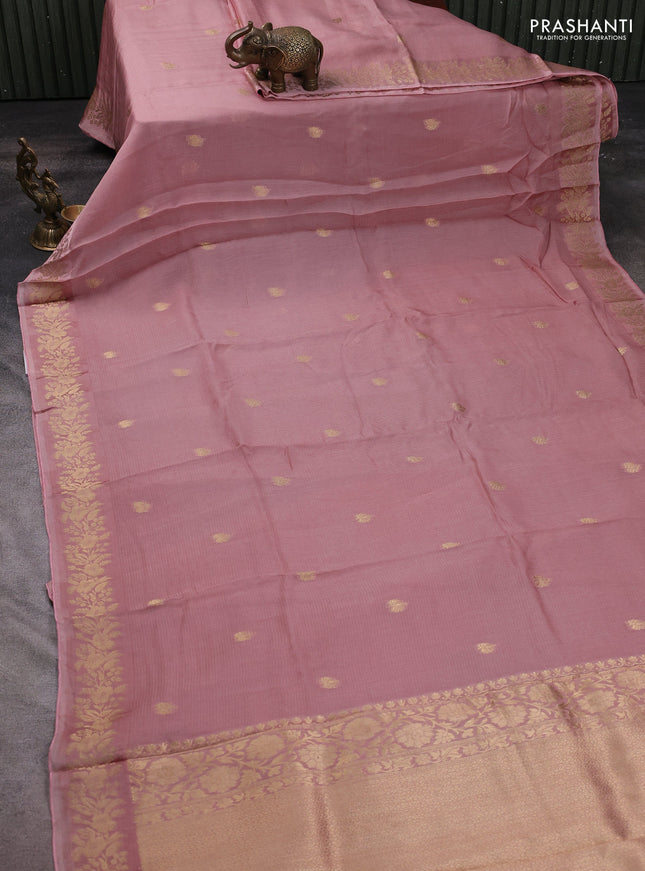 Silk kota saree mild peach pink with zari woven buttas and floral zari woven border
