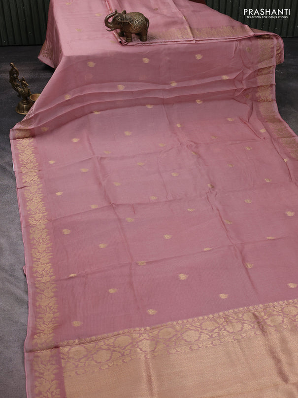 Silk kota saree mild peach pink with zari woven buttas and floral zari woven border