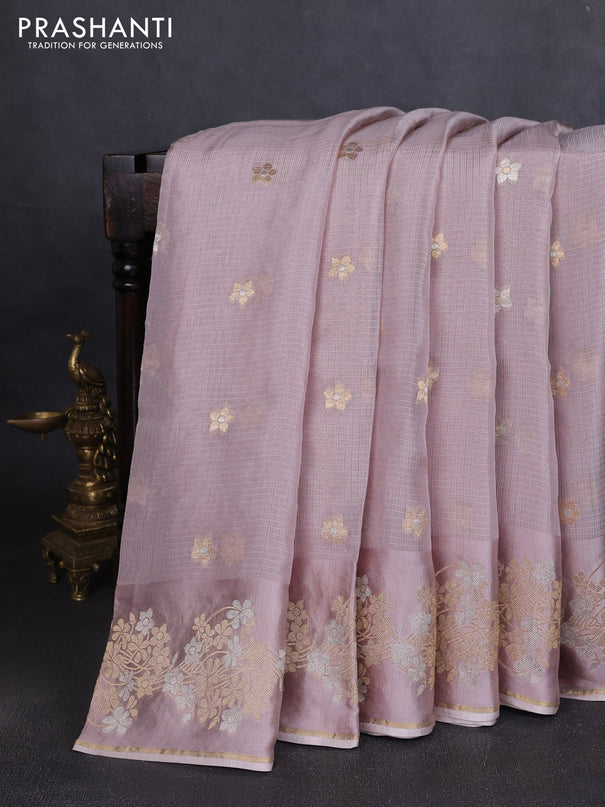 Silk kota saree pastel pink shade with zari woven buttas and floral zari woven border