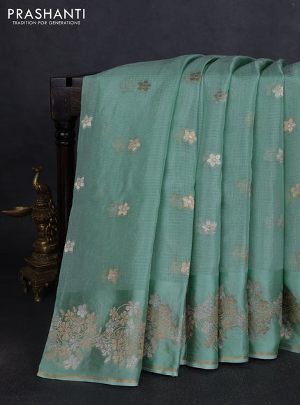 Silk kota saree teal green with zari woven buttas and floral zari woven border