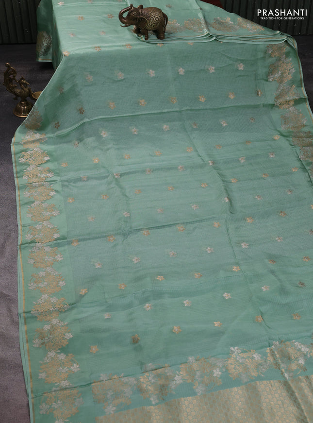 Silk kota saree teal green with zari woven buttas and floral zari woven border