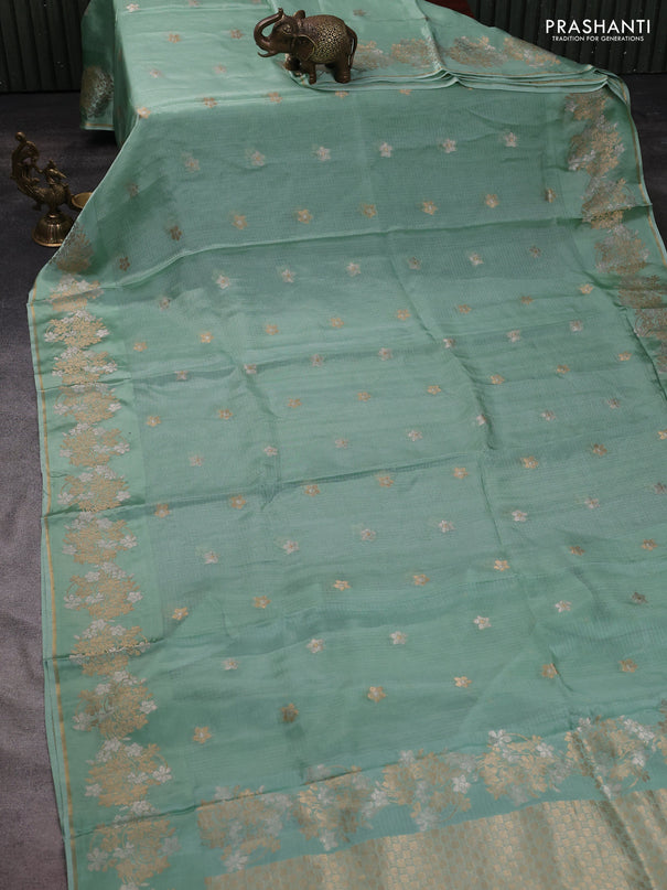 Silk kota saree teal green with zari woven buttas and floral zari woven border