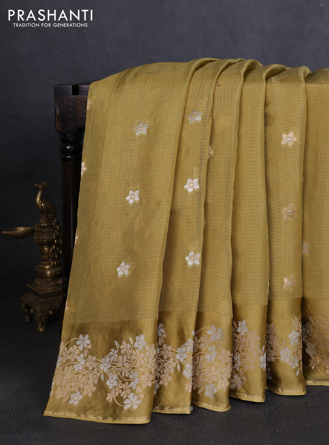 Silk kota saree lime green with zari woven buttas and floral zari woven border
