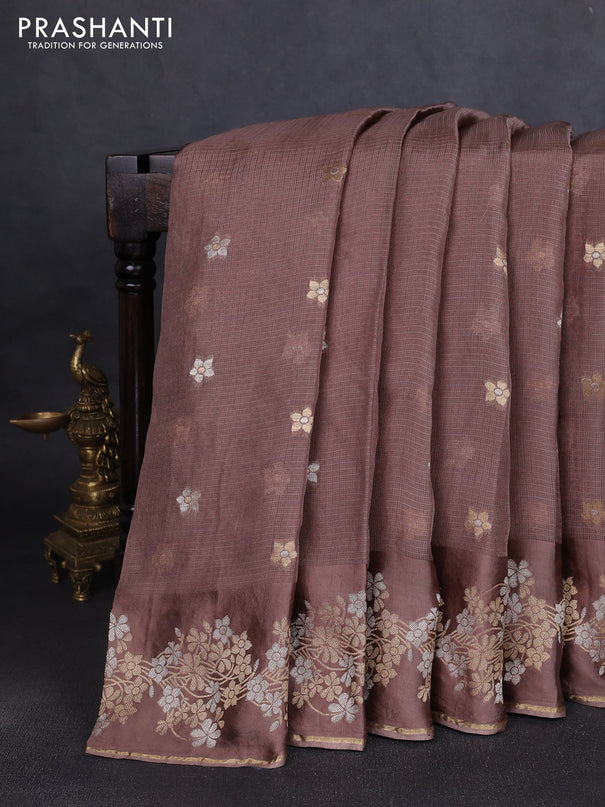 Silk kota saree pastel brown with zari woven buttas and floral zari woven border