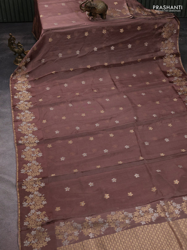 Silk kota saree pastel brown with zari woven buttas and floral zari woven border