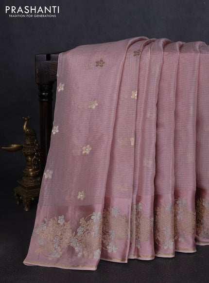 Silk kota saree pastel peach pink with zari woven buttas and floral zari woven border